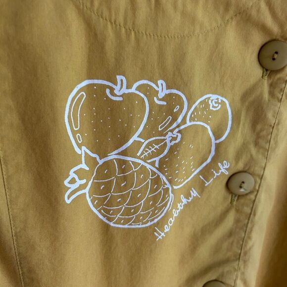 Vintage Boho Prairie Yellow Mustard Midi Dress with Fruit Healthy Life Logo M - Picture 3 of 16